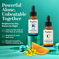 TruSkin vitamine C – goutte sur peau, luminosité et uniformité possibles.