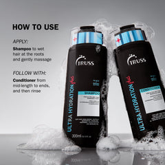 TRUSS Ultra Hydration Plus – gros plan sur bouteille : concentration active pour réhydrater les fibres capillaires