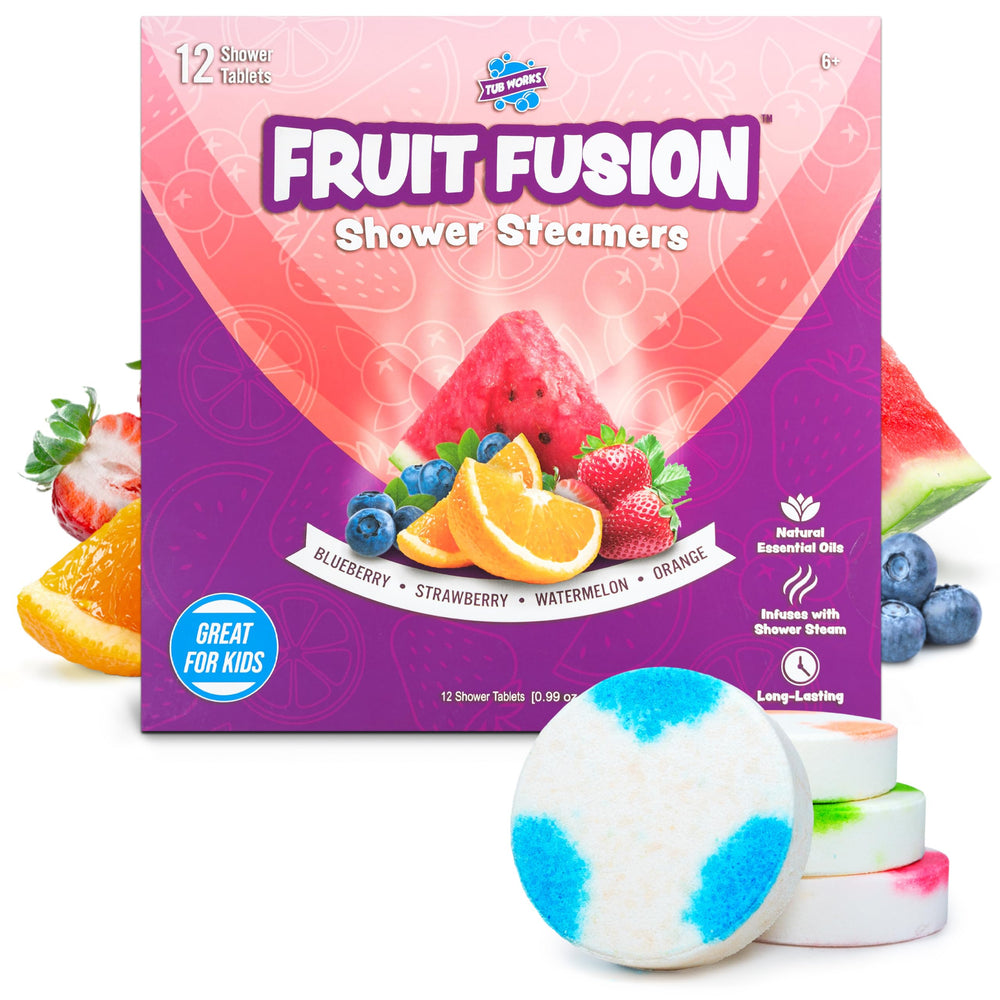 Tub Works Fruit Fusion blueberry shower steamer for a fruity mood boost during showers.