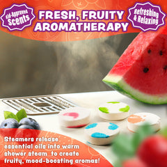 Tub Works Fruit Fusion strawberry shower steamer infusing warm steam with fruity fragrance.