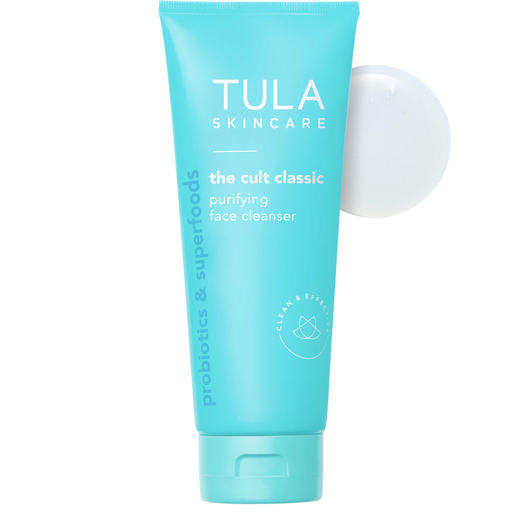 Nettoyant purifiant TULA en flacon mousseux pour peau propre et équilibrée.