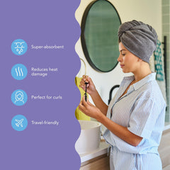 Turbie Twist wrap turban microfibre: absorption élevée et temps de séchage réduit.