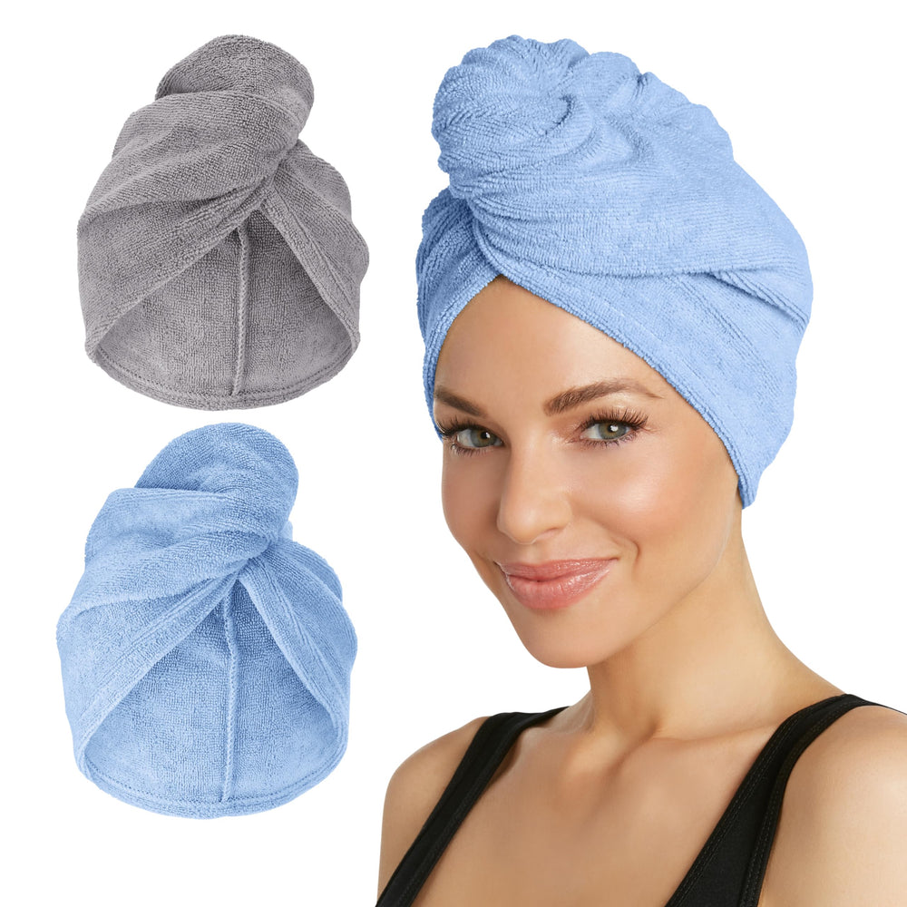 Turbie Twist : serviette cheveux microfibre gris bleu, absorption rapide pour séchage doux.