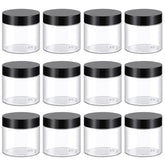 TUZAZO 2oz conteneur transparent avec bouchon noir, idéal pour échantillons et cosmétiques.
