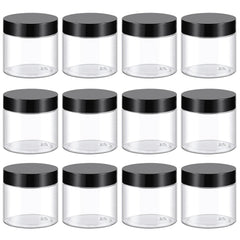 TUZAZO 2oz conteneur transparent avec bouchon noir, idéal pour échantillons et cosmétiques.