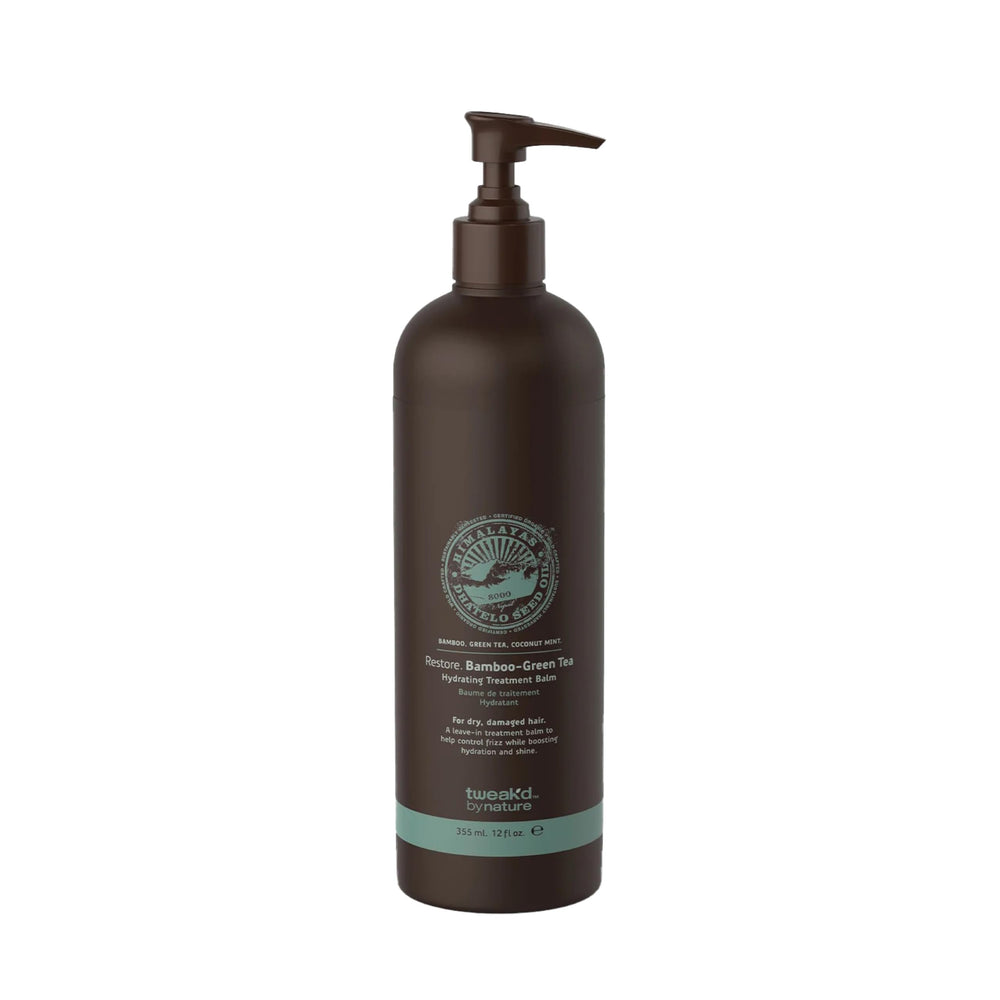 Tweak'd by Nature Restore bouteille montrant le soin hydratant au bambou pour cheveux brillants.