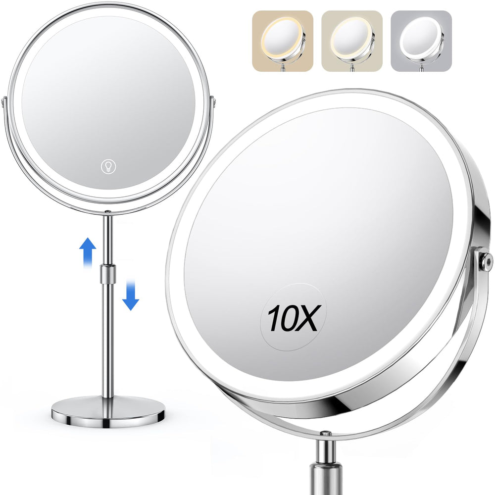 Miroir UBYMET double-face 1x/10x pour un maquillage précis.
