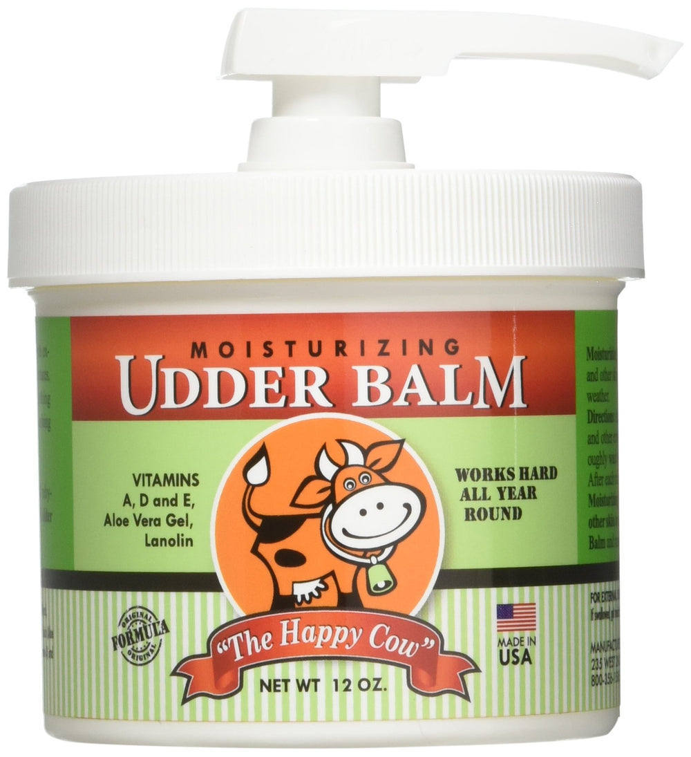 Udder Balm The Happy Cow – pompe 12 oz, hydratation rapide et non grasse.