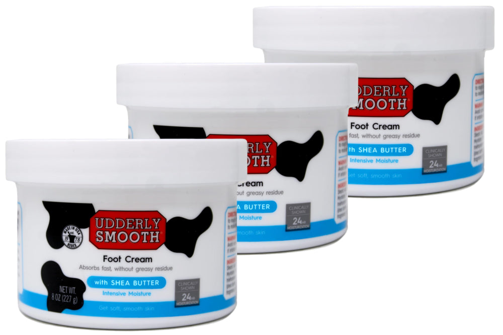 Udderly Smooth Crème Pieds Beurre Karité, emballage trio, hydratation durable.