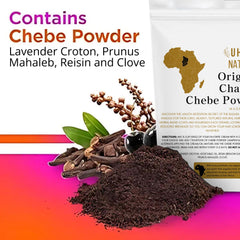 Uhuru Naturals Ingrédients Chebe : lavande croton et huiles hydratantes.