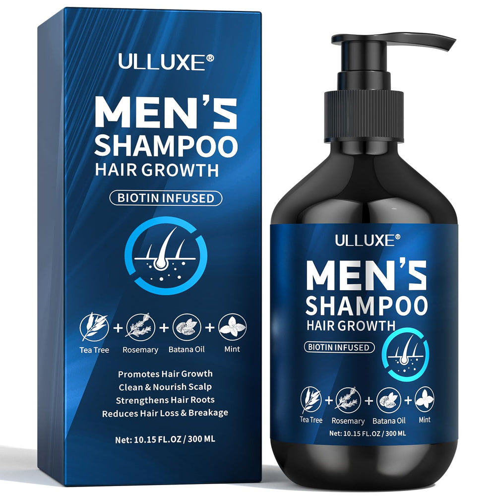 Shampooing ulluxe Biotin pour homme, flacon en premier plan, soutien la densité capillaire
