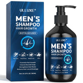 Shampooing ulluxe Biotin pour homme, flacon en premier plan, soutien la densité capillaire