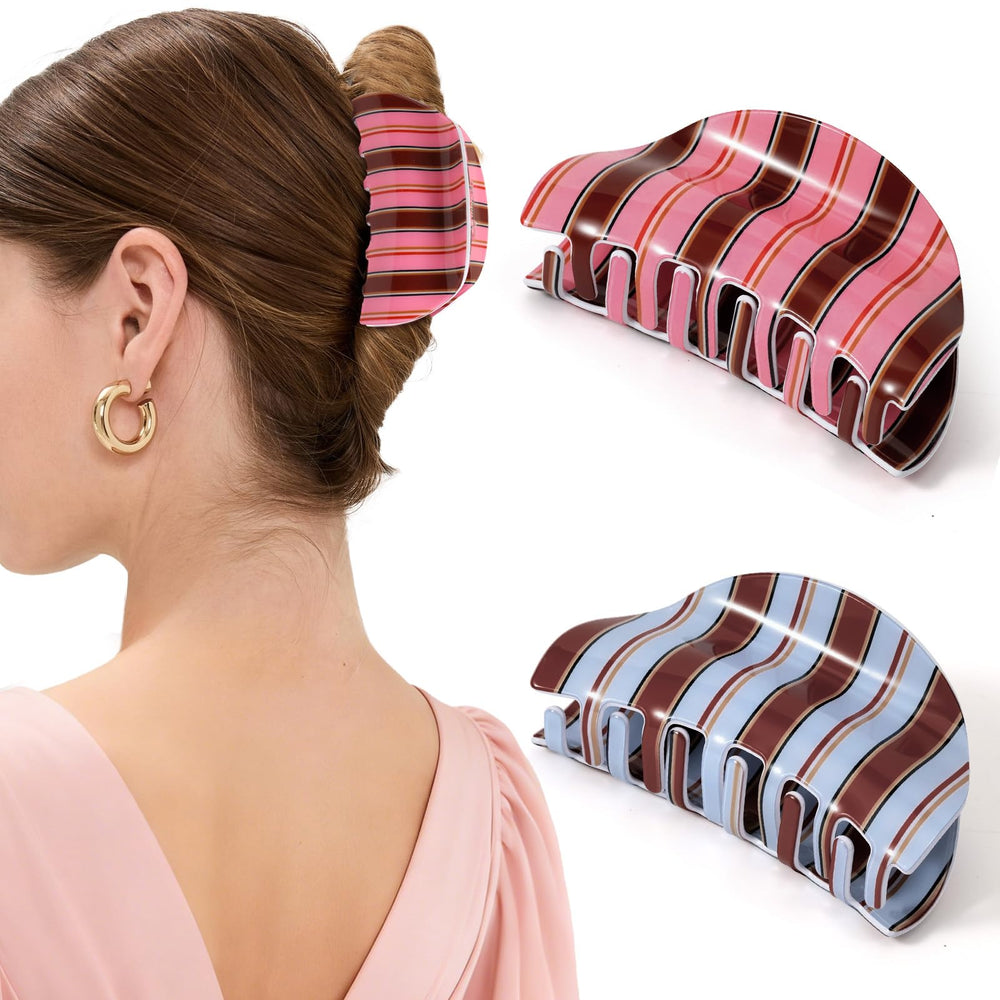 Pinces Unbednigt pour cheveux moyens avec rayures bleu-rose, maintien sécurisé toute la journée.