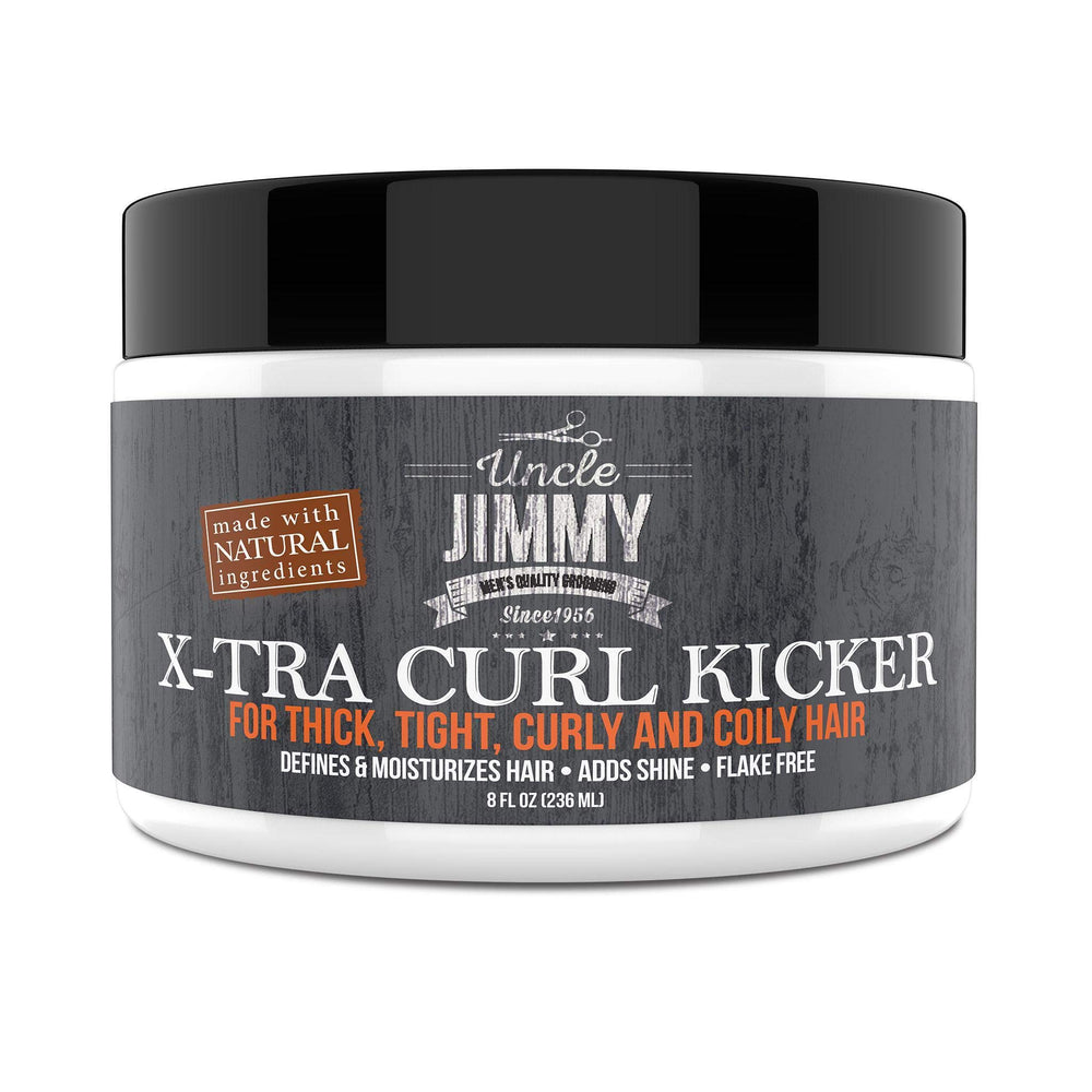 Uncle Jimmy X-TRA Curl-Kicker bottle closeup showing hydrating formula for defined curls