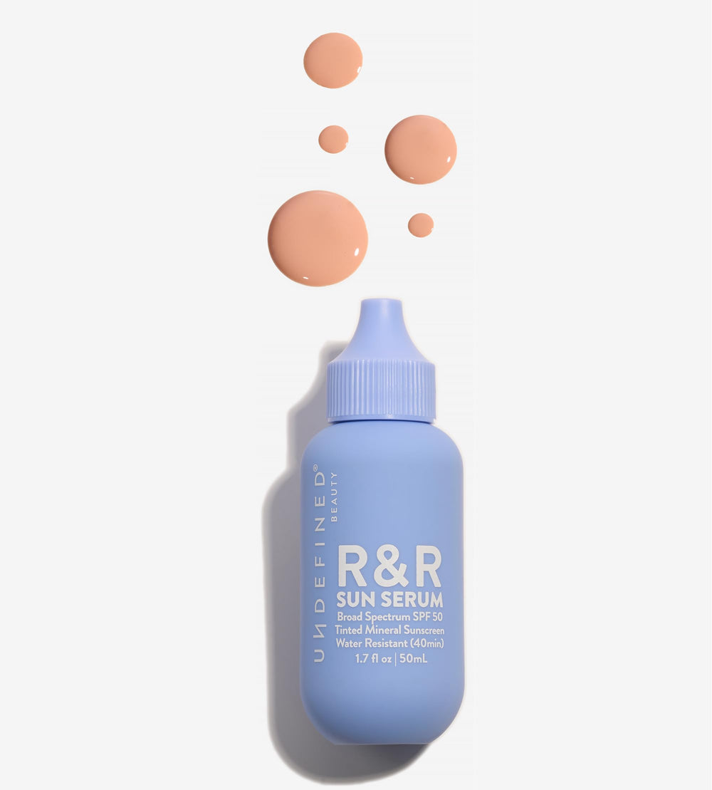 Undefined Beauty R&R Sun Serum SPF 50 teinte claire, protection minérale et fini naturel.