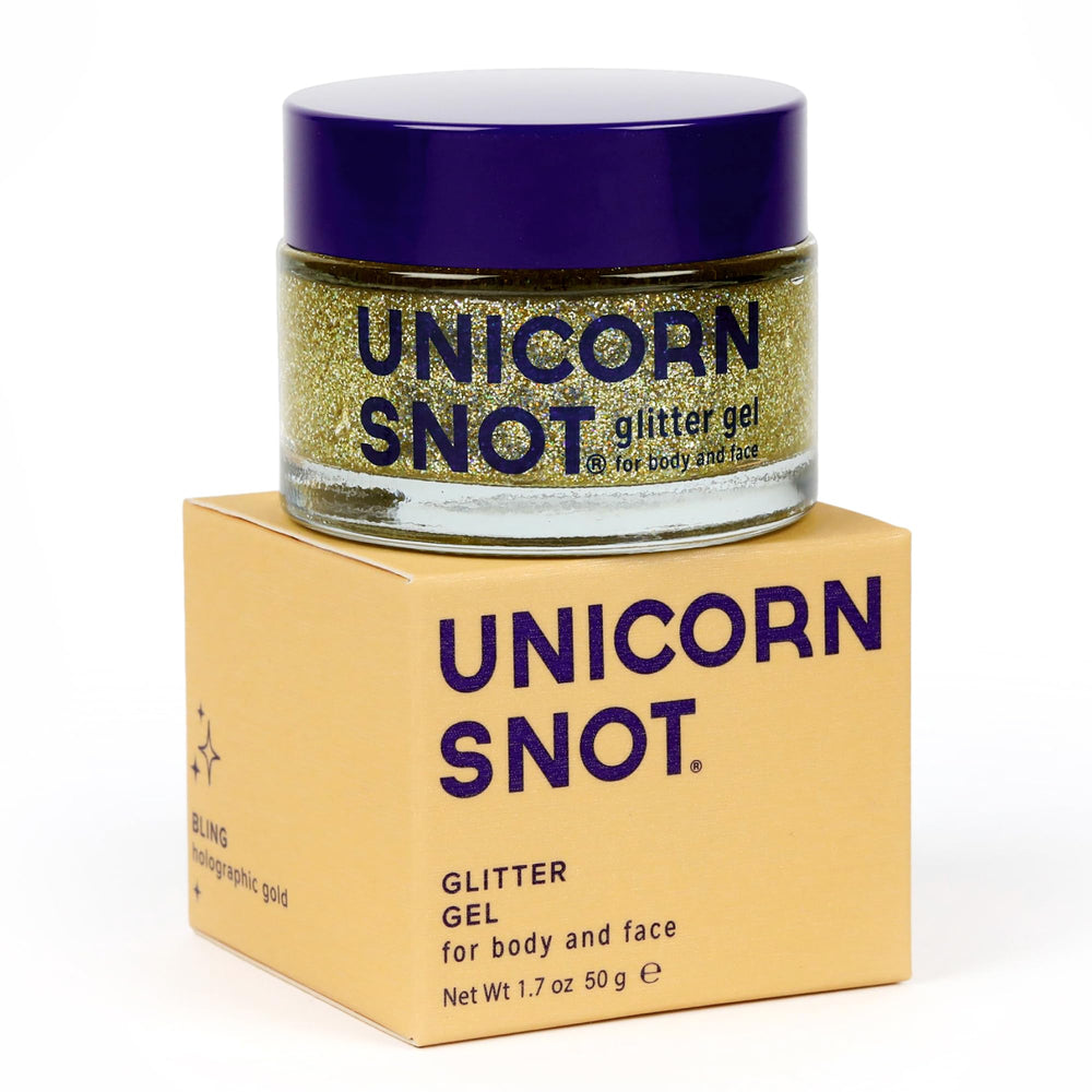 UNICORN SNOT gel pailleté holographique sur visage et corps pour un éclat durable.