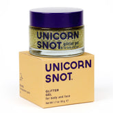 UNICORN SNOT gel pailleté holographique sur visage et corps pour un éclat durable.