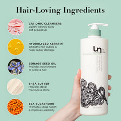 Cheveux hydratés et souples après l'utilisation d'Unwash Bio-Cleansing Conditioner.