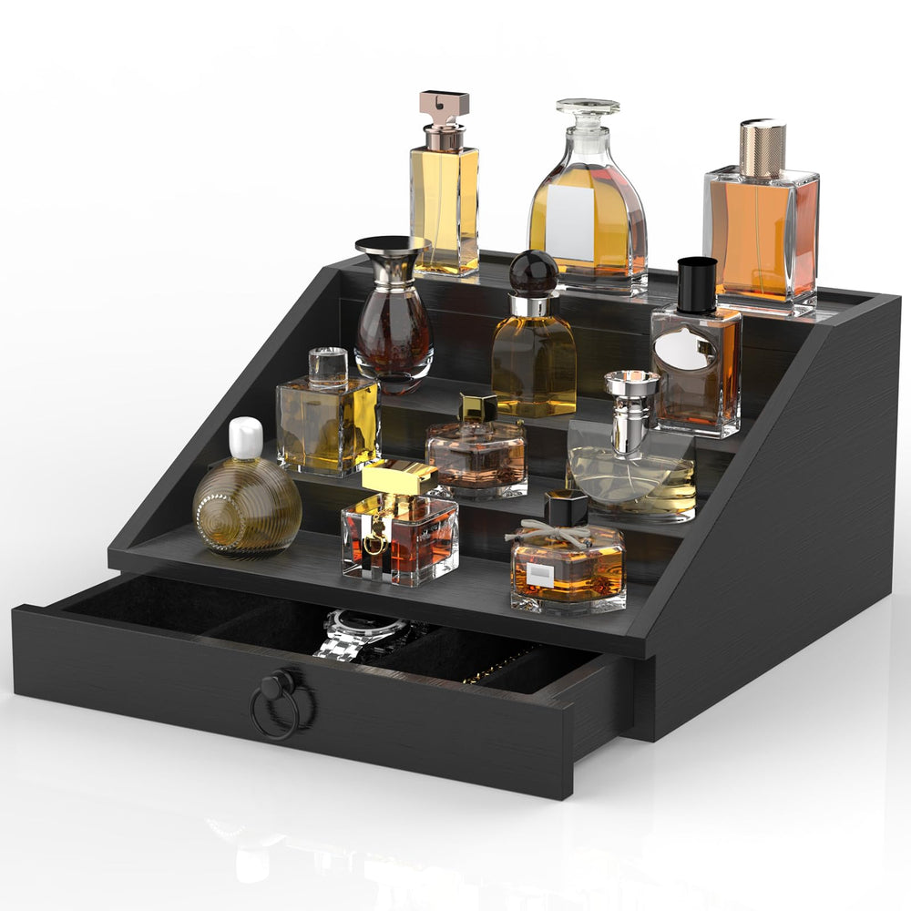 Upcessory organisateur de parfums bois noir 4 niveaux pour un affichage pratique.