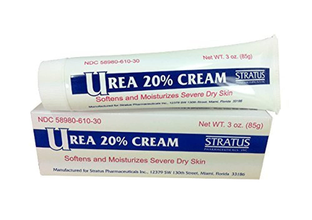 Crème Urea 20% parfum amande dans une bouteille, hydratation légère et durable.