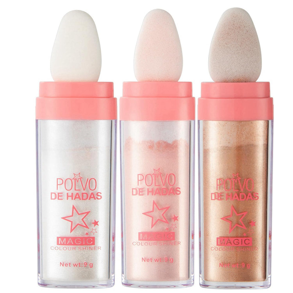 Poudre URQT feerique trois couleurs, emballage elegant, brillance subtile pour le visage.