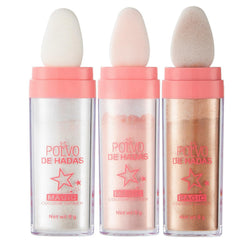 Poudre URQT feerique trois couleurs, emballage elegant, brillance subtile pour le visage.
