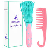 Brosse démêlante URTHEONE rose-vert démêle rapidement les nœuds sans douleur.