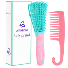 Brosse démêlante URTHEONE rose-vert démêle rapidement les nœuds sans douleur.
