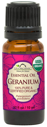 US Organic Géranium huile essentielle, flacon 10 ml, parfum floral apaisant pour aromathérapie.