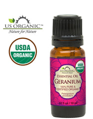 US Organic Géranium huile essentielle, compte-gouttes européens, diffusion contrôlée et pratique.