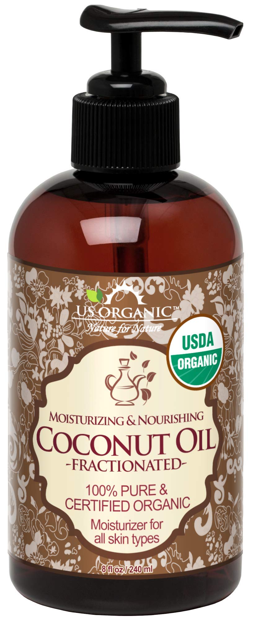US Organic Huile MCT coco fractionnee — bouteille pratique pour soins quotidiens.