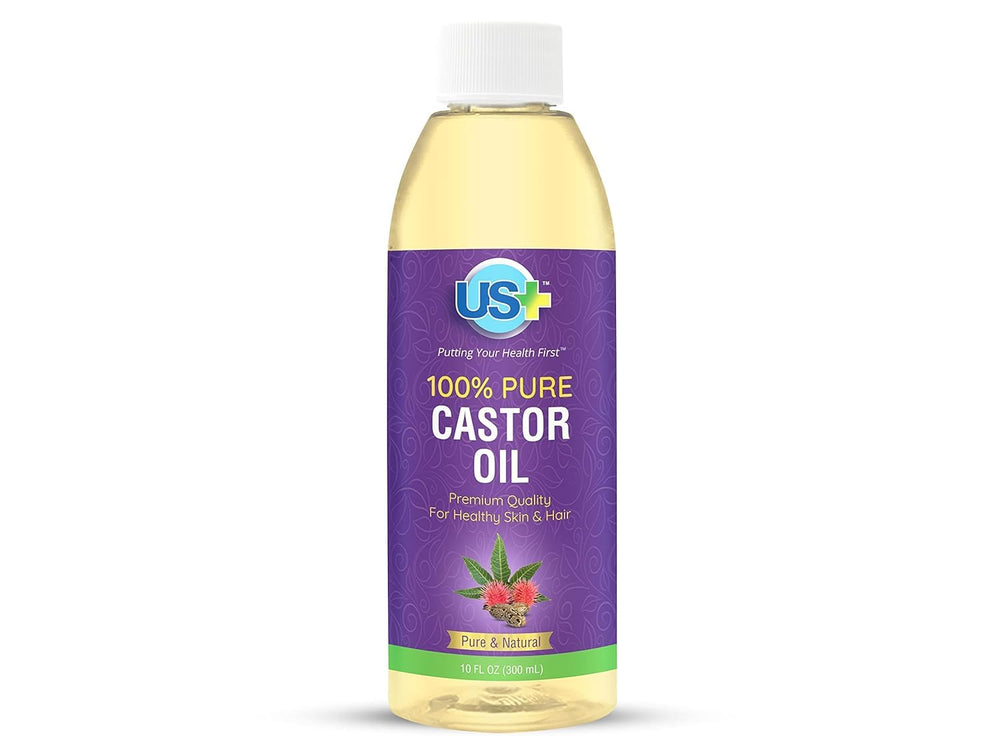 US+ huile de ricin – bouteille pure pour nourrir peau et cheveux au quotidien.