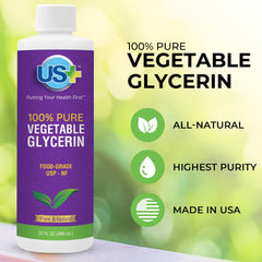 US+ 32oz glycerin label close-up highlights USP purity and quality.