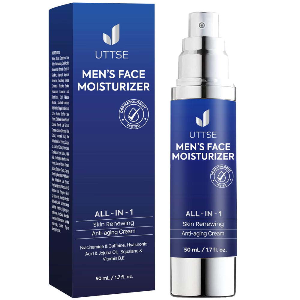 Uttse 6-en-1 creme visage homme, flacon pompe, hydratation en profondeur.