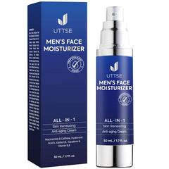 Uttse 6-en-1 creme visage homme, flacon pompe, hydratation en profondeur.
