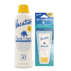 VACATION Classic brume solaire SPF50 sur flacon de 177 ml, fini léger et transparent.