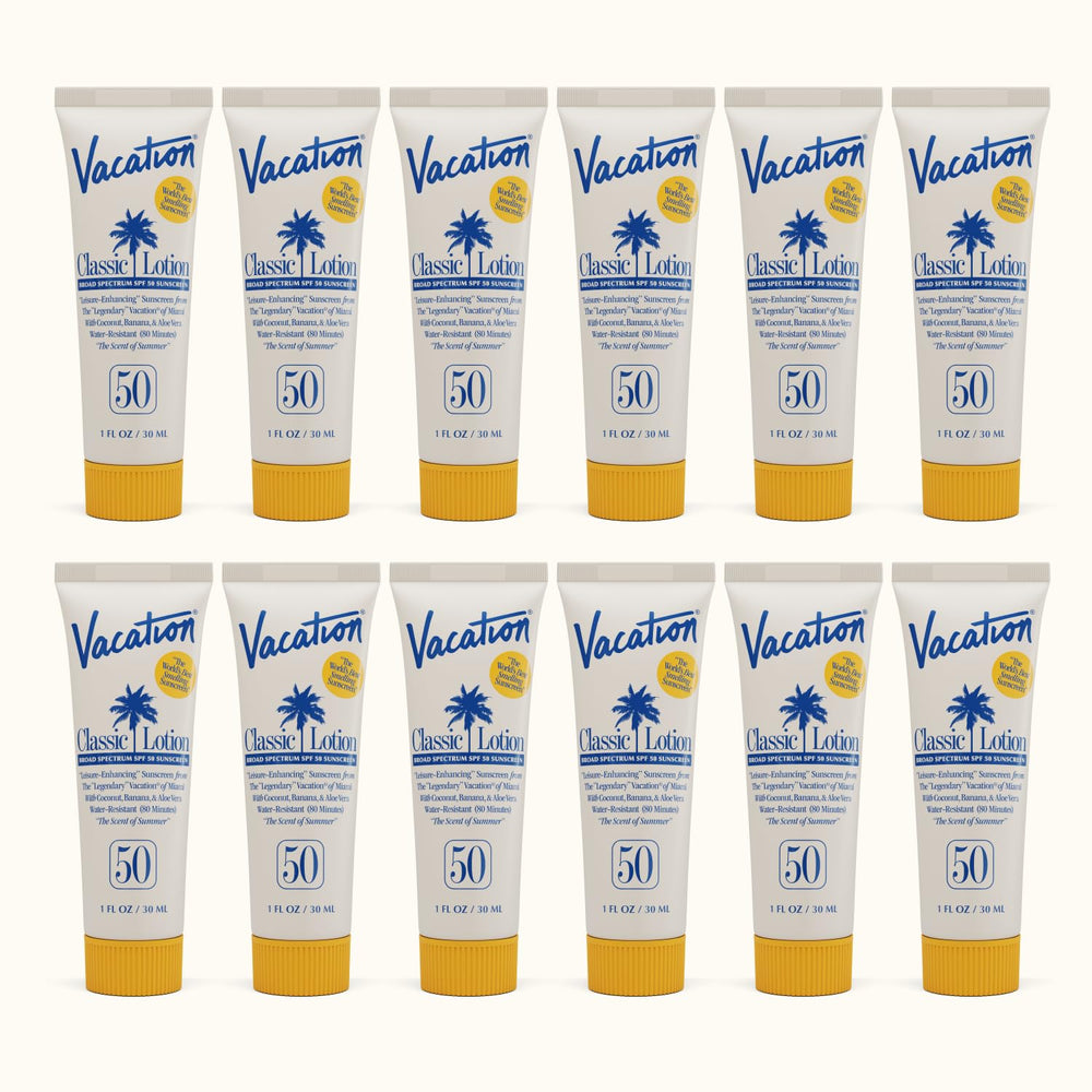 VACATION Mini Classic Lotion SPF50: bouteille 1oz pratique pour les voyages et la protection solaire.