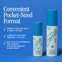 VACATION Mini Super Spritz SPF50 : toucher léger et transparent sur toutes les carnations.