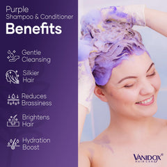 Texture du shampooing violet VANIDOX en main, application facile et tonalité soutenue