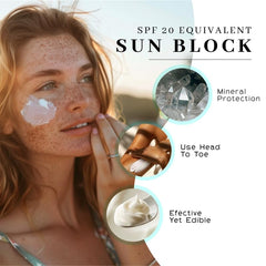 Visage et corps protégés par une crème minérale naturelle sans résidu blanc.
