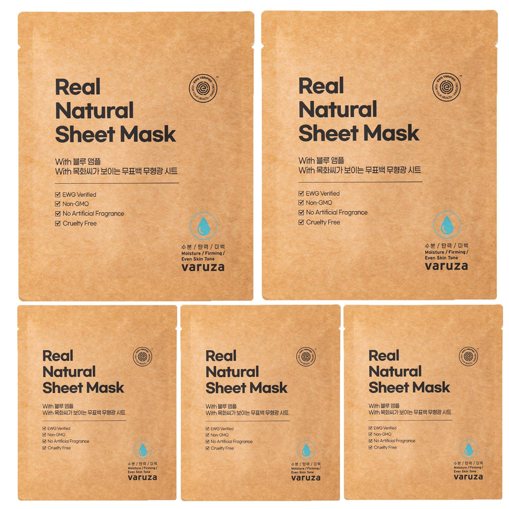 Varuza Real Natural Sheet Mask emballage bleu et ampoule, hydration nourrissante.