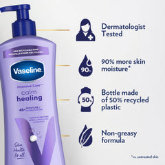 Vaseline Intensive Care Calm Healing Lotion, absorption rapide: peau hydratée immédiatement.