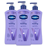 Vaseline Intensive Care Calm Healing Lotion, bouteille : hydratation durable pour peau sèche.