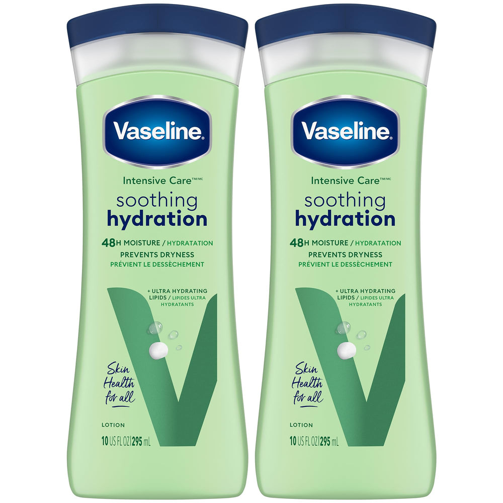 Vaseline Soothing Hydration Aloe Soothe — bouteille aloe, hydratation durable pour peau sèche.