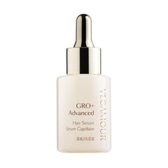 VEGAMOUR GRO+ Sérum: bouteille et pipette, application sur le cuir chevelu.