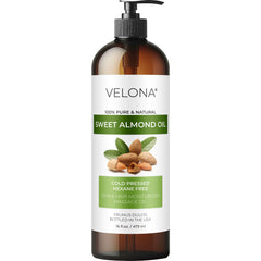 Velona huile d'amande douce, bouteille présente pour hydratation légère de peau et cheveux.