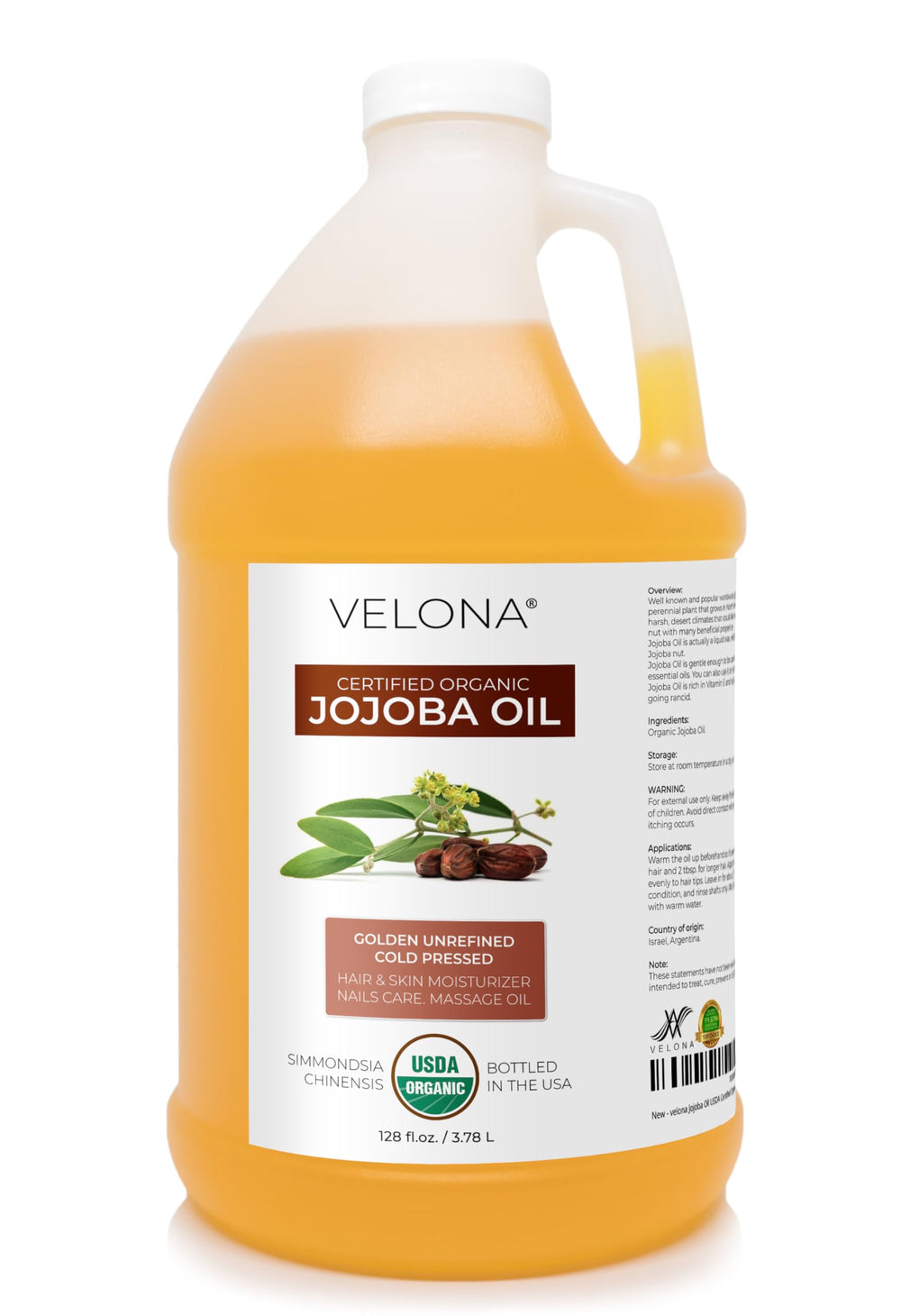 Velona huile de jojoba, bouteille 1 galon, hydratation durable pour peau et cheveux.