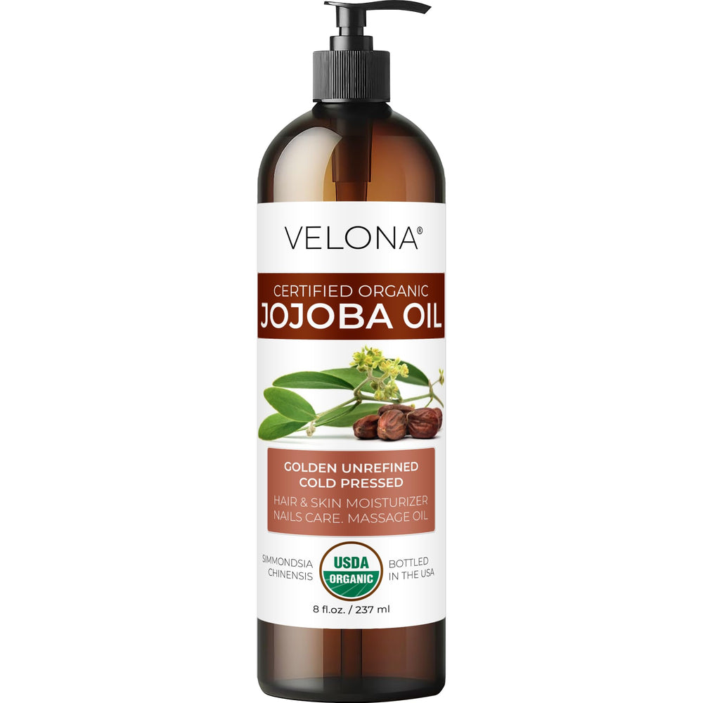 Velona Huile de Jojoba en bouteille avec pompe, hydratation naturelle.