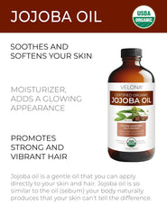Velona huile jojoba couleur dorée, texture légère nourrissant cheveux et peau.