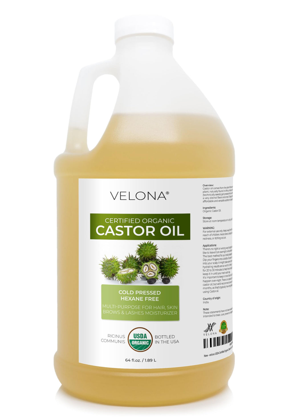 Velona huile de ricin bio en bouteille 64oz pour cheveux nourris et brillants.